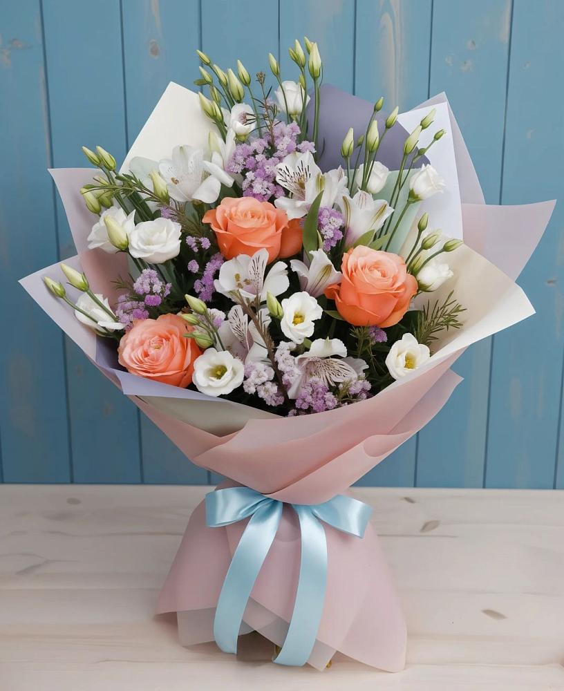 Букет цветов из: Лизиантусы, Розы, Альстромерии и Гипсофила в Семёнове