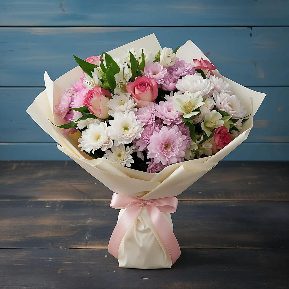 Букет цветов из: Хризантемы, Альстромерии и Розы в Семёнове